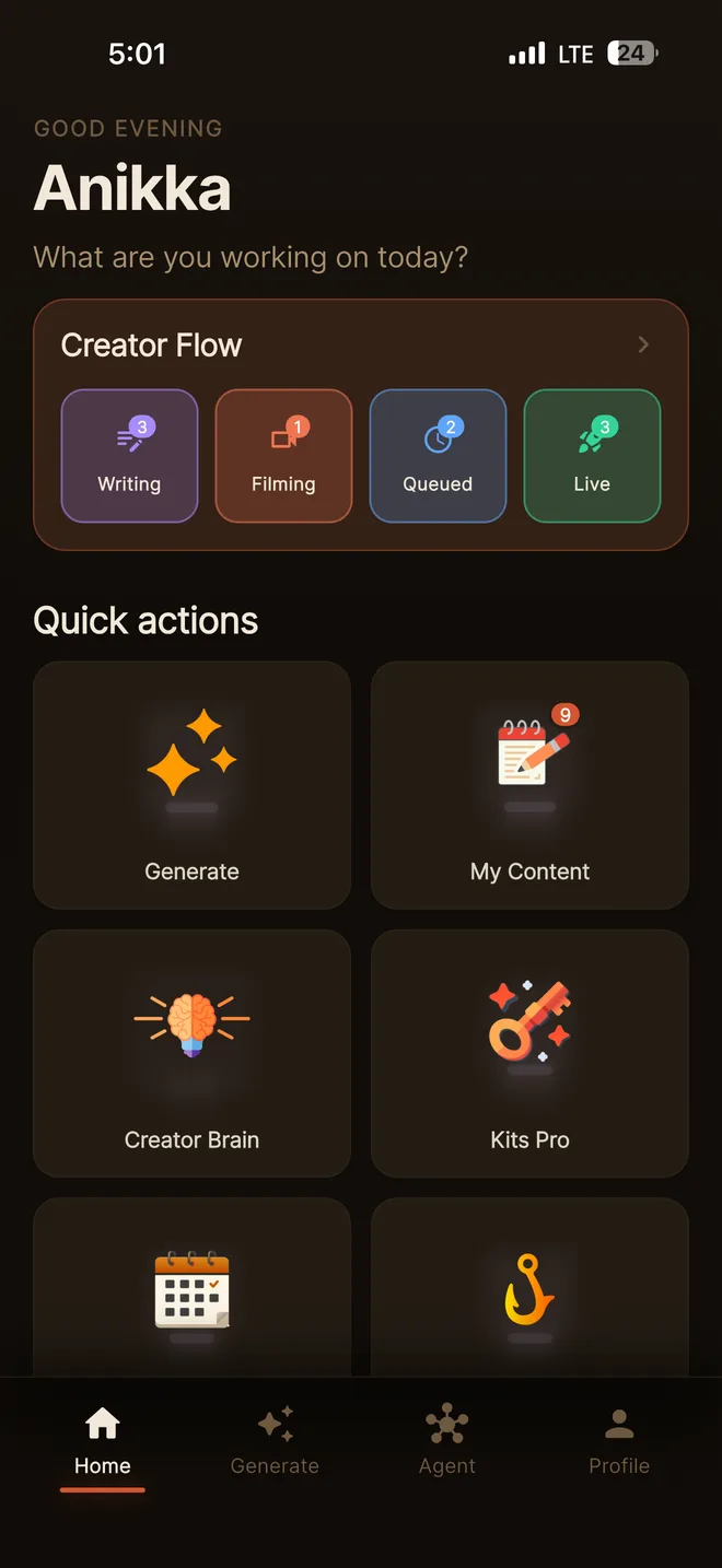 KitsKit app home screen in dark mode